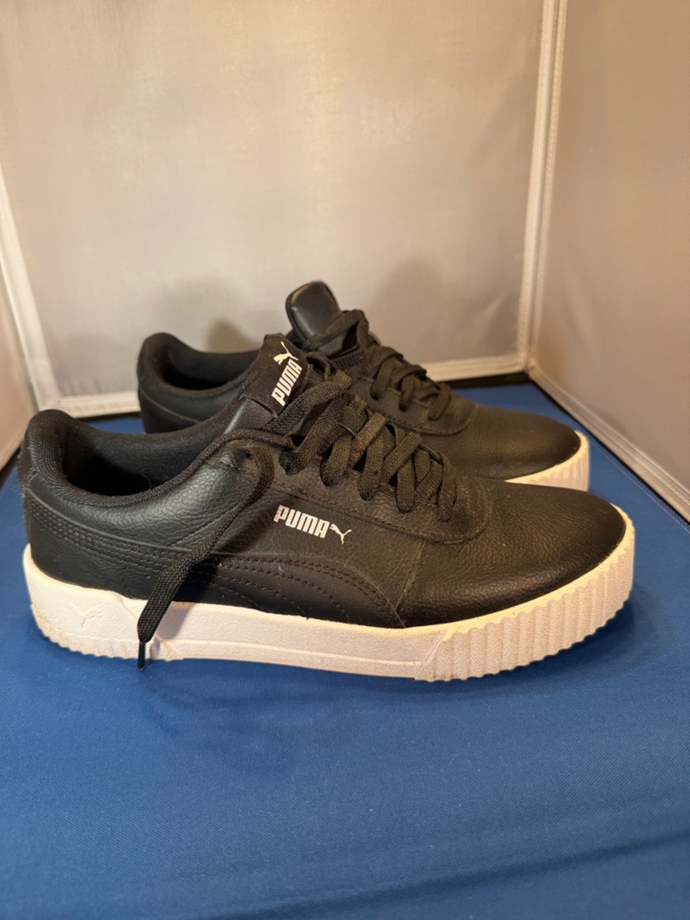 Puma Black Leather Sneakers with White Platform Sole